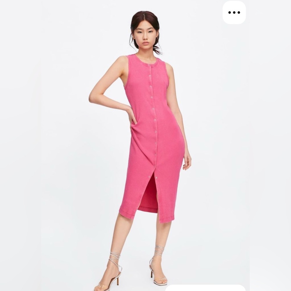 Zara‎ Pink Ribbed Knit Snap Button Front Sleeveless Midi Bodycon Dress Medium